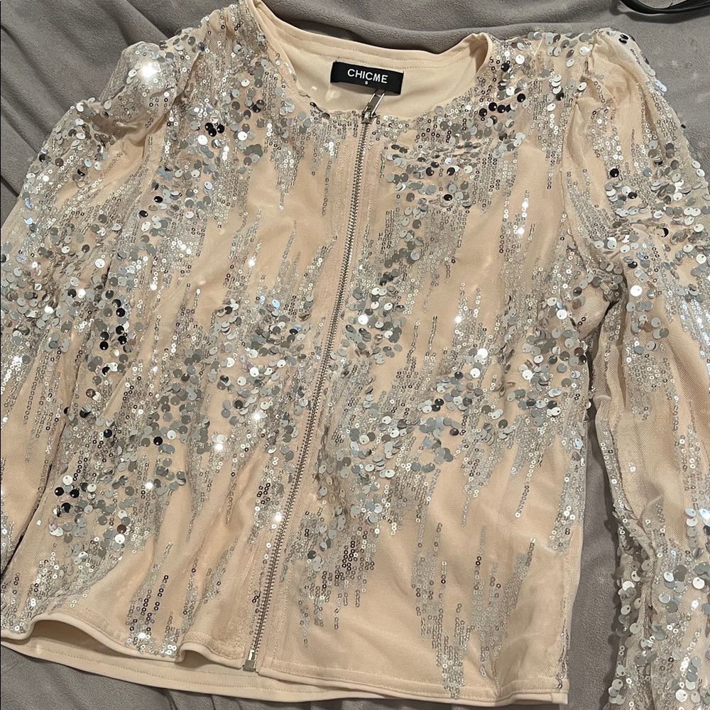 Chic Sequin Glam Jacket in Silver and Cream